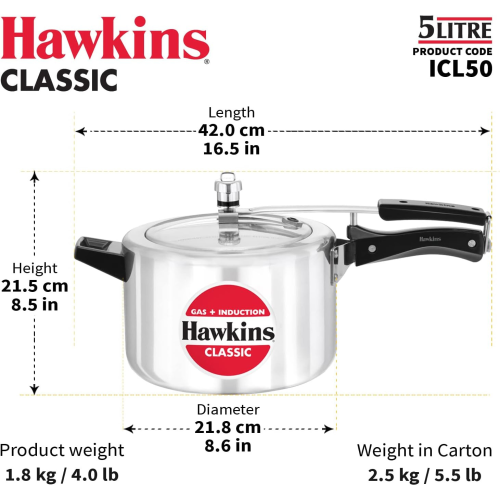 Hawkins Pressure Cooker Classic 5 Litre - Works on gas, induction, electric, ceramic, halogen
