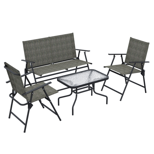 Outsunny Outdoor 4 Pieces Patio Furniture Set with Foldable Armchairs and Loveseat, Small Patio Coffee Set with Glass Top Table for Backyard Lawn