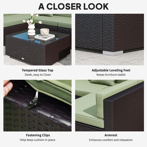 Outsunny 7 Piece Patio Furniture Set, PE Rattan Outdoor Conversation Set with Sectional Sofa, Glass Tabletop, Cushions and Pillows for Garden, Lawn,