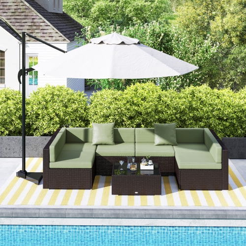 Outsunny 7 Piece Patio Furniture Set, PE Rattan Outdoor Conversation Set with Sectional Sofa, Glass Tabletop, Cushions and Pillows for Garden, Lawn,