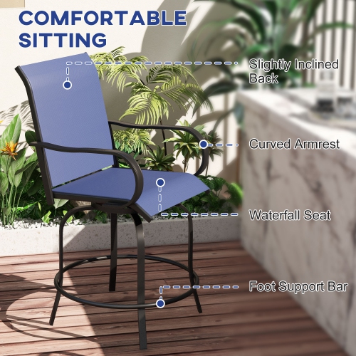 Outsunny Outdoor Bar Stools Set of 2 with Armrests, 360° Swivel Bar Height Patio Chairs with Mesh Fabric, Steel Frame Dining Chairs, for Balcony,