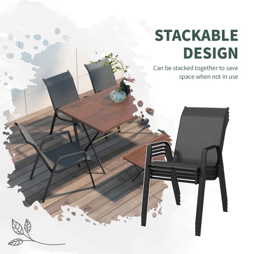 Outsunny PE Rattan Outdoor Dining Chairs Set of 4, Stackable Wicker Outdoor Patio Chairs with Armrests, Backrest and Steel Frame for Deck, Porch,