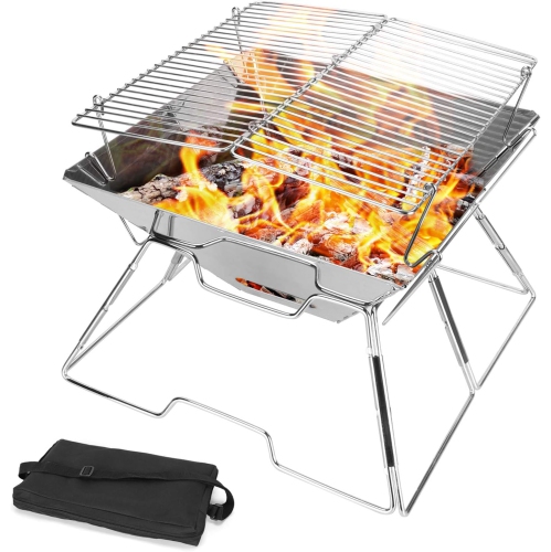 Collapsible Campfire Grill Camping Fire Pit, 304 Stainless Steel Grill Gate, Portable Camping Grill with Carrying Bag for Outdoor Backpacking Hiking
