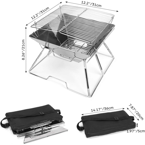 Collapsible Campfire Grill Camping Fire Pit, 304 Stainless Steel Grill Gate, Portable Camping Grill with Carrying Bag for Outdoor Backpacking Hiking