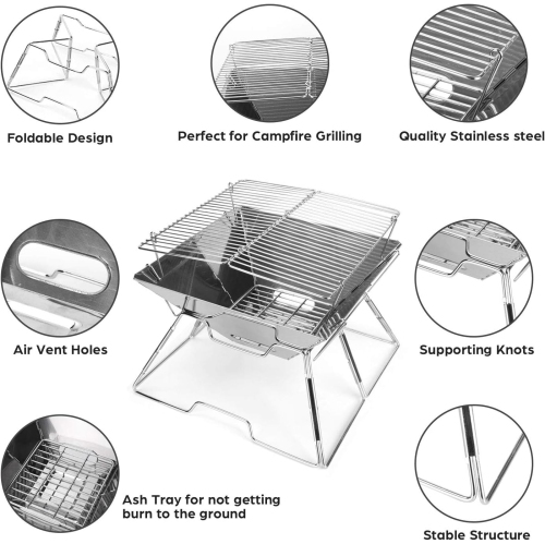 Collapsible Campfire Grill Camping Fire Pit, 304 Stainless Steel Grill Gate, Portable Camping Grill with Carrying Bag for Outdoor Backpacking Hiking
