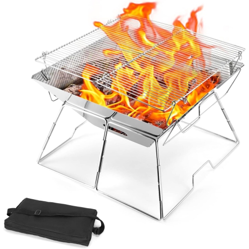 Collapsible Campfire Grill, 304 Stainless Steel Grill Gate, Portable Camping Grill with Carrying Bag for Outdoor Backpacking BBQ,17.1"x17.2"x12.2"