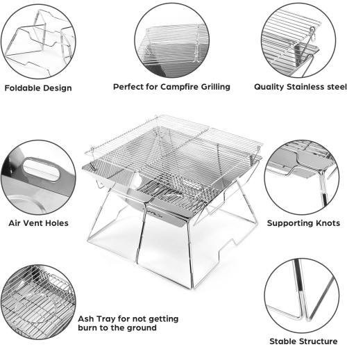 Collapsible Campfire Grill, 304 Stainless Steel Grill Gate, Portable Camping Grill with Carrying Bag for Outdoor Backpacking BBQ,17.1"x17.2"x12.2"