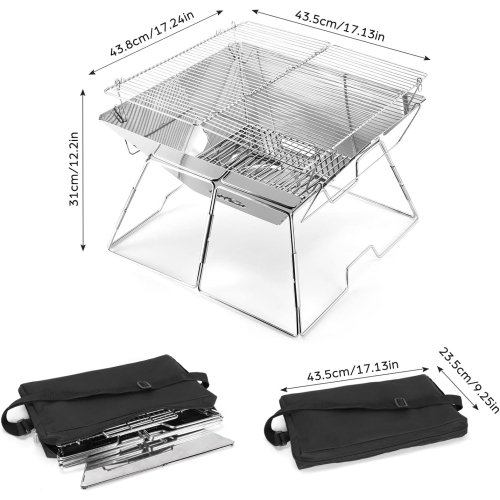 Collapsible Campfire Grill, 304 Stainless Steel Grill Gate, Portable Camping Grill with Carrying Bag for Outdoor Backpacking BBQ,17.1"x17.2"x12.2"