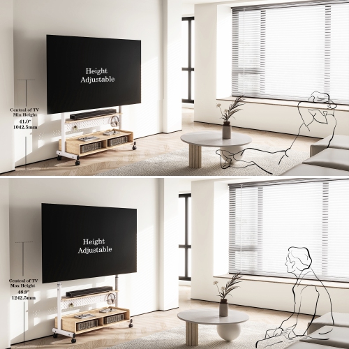 FITUEYES TV Stand with Storage and Wheels for 70 to 100 inch LED LCD Flat Screen, Floor TV Stand Mount Wooden with Peg Board & Cabinet Storage TV