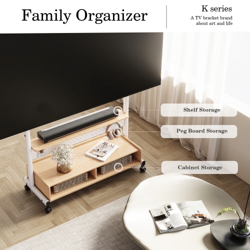 FITUEYES TV Stand with Storage and Wheels for 70 to 100 inch LED LCD Flat Screen, Floor TV Stand Mount Wooden with Peg Board & Cabinet Storage TV