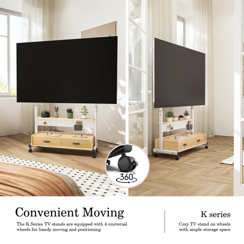 FITUEYES TV Stand with Storage and Wheels for 70 to 100 inch LED LCD Flat Screen, Floor TV Stand Mount Wooden with Peg Board & Cabinet Storage TV