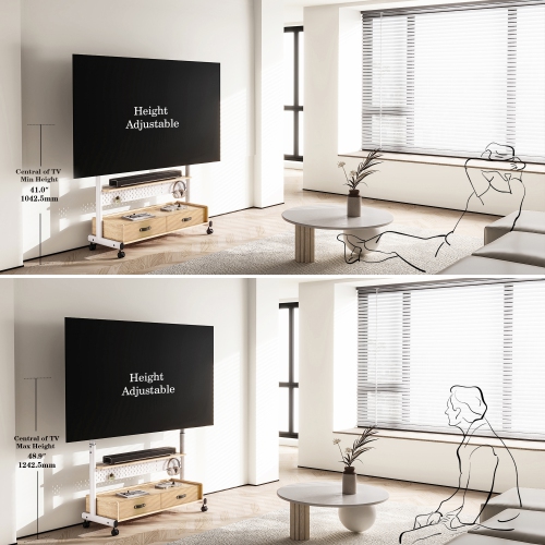 FITUEYES TV Stand with Storage and Wheels for 70 to 100 inch LED LCD Flat Screen, Floor TV Stand Mount Wooden with Peg Board & Cabinet Storage TV