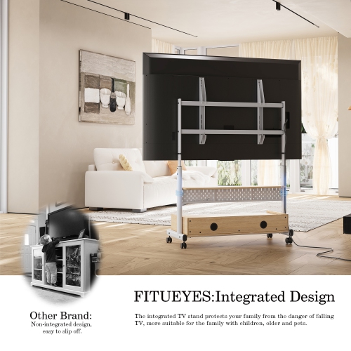 FITUEYES TV Stand with Storage and Wheels for 70 to 100 inch LED LCD Flat Screen, Floor TV Stand Mount Wooden with Peg Board & Cabinet Storage TV