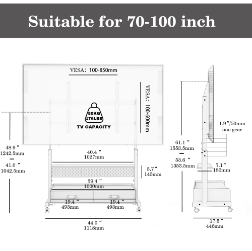 FITUEYES TV Stand with Storage and Wheels for 70 to 100 inch LED LCD Flat Screen, Floor TV Stand Mount Wooden with Peg Board & Cabinet Storage TV
