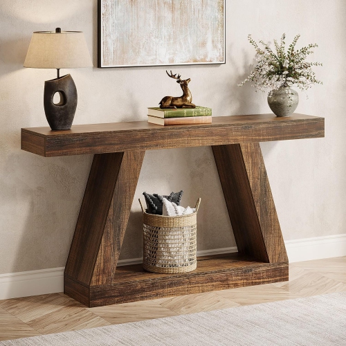 TRIBESIGNS  Farmhouse Console Table, 55-Inch Rustic Sofa Table With Storage, Industrial Wooden Entryway Table