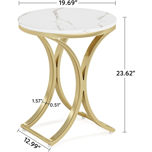 Tribesigns Small Round Sofa Side Table, Faux Marble White and Gold End Table