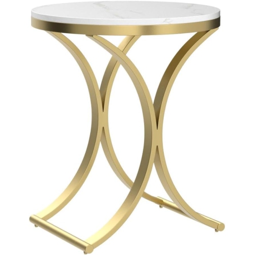 Tribesigns Small Round Sofa Side Table, Faux Marble White and Gold End Table