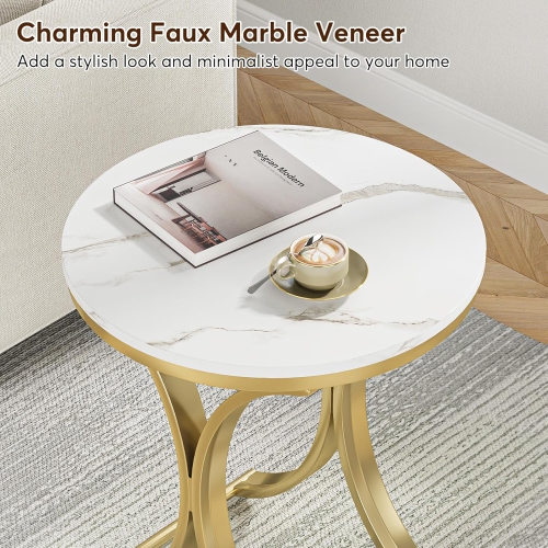 Tribesigns Small Round Sofa Side Table, Faux Marble White and Gold End Table