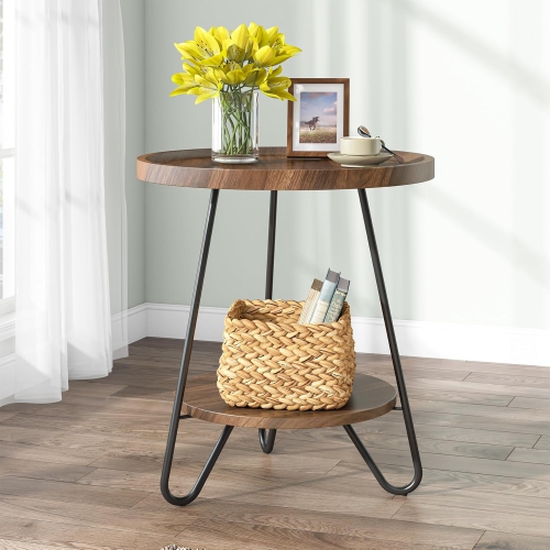 TRIBESIGNS  Round Side Table, 2-Tier End Table With Metal Legs, Modern Industrial Beside Table