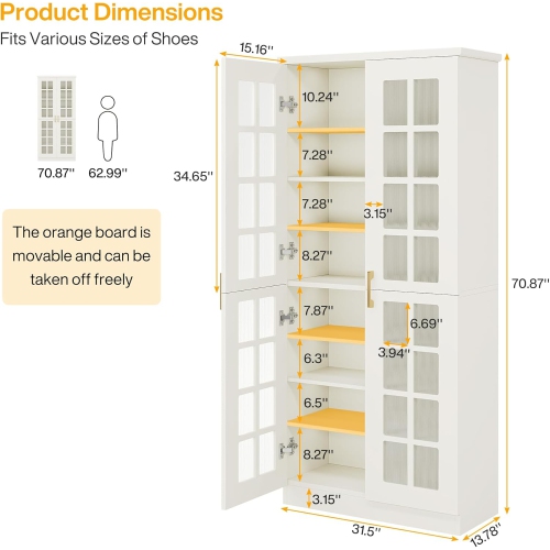 Armoire à chaussures haute de 71&nbsp;po avec portes de Tribesigns, armoire de rangement à chaussures à 8 niveaux avec tablettes réglables, armoire