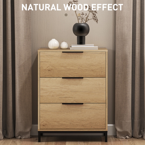 HOMCOM 3 Drawer Dresser for Bedroom, Tall Chest of Drawers, Storage Organizer Cabinet for Entryway, Hallway, Natural Wood Grain