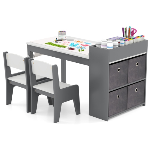COSTWAY  Kids Art Table & Chairs Set With Paper Roll Wooden Craft Study Desk Active Play