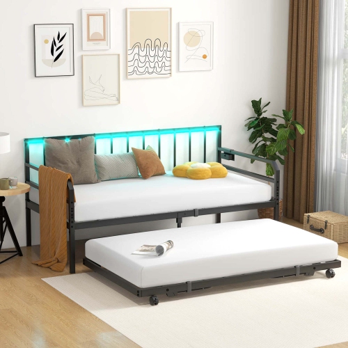 Costway Twin Size Daybed with Pop-up Trundle Charging Station & LED Lights for Living Room