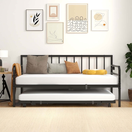 Costway Twin Size Daybed with Pop-up Trundle Charging Station & LED Lights for Living Room