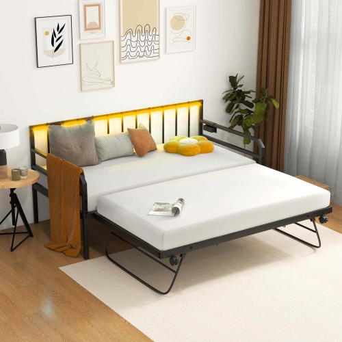Costway Twin Size Daybed with Pop-up Trundle Charging Station & LED Lights for Living Room