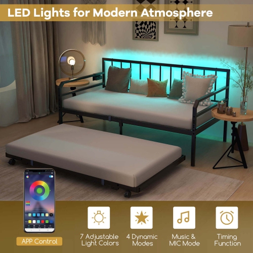 Costway Twin Size Daybed with Pop-up Trundle Charging Station & LED Lights for Living Room