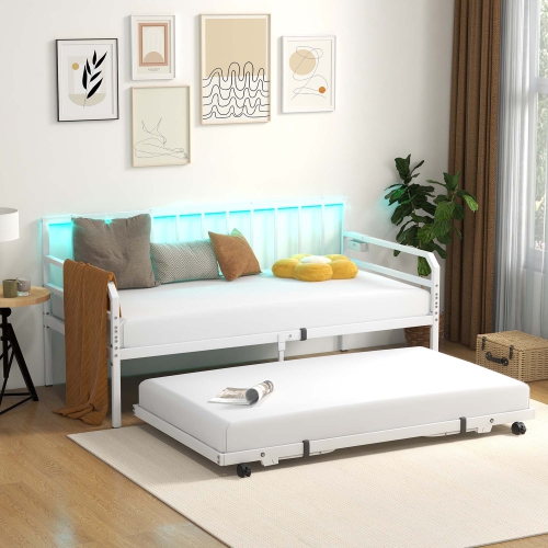 Costway Twin Size Daybed with Pop-up Trundle Charging Station & LED Lights for Living Room