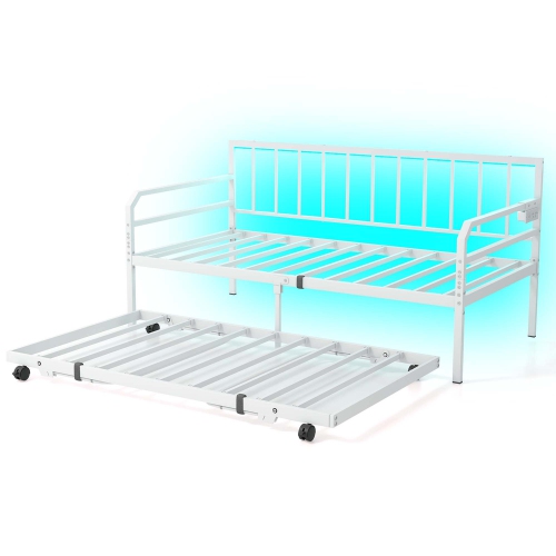 Costway Twin Size Daybed with Pop-up Trundle Charging Station & LED Lights for Living Room