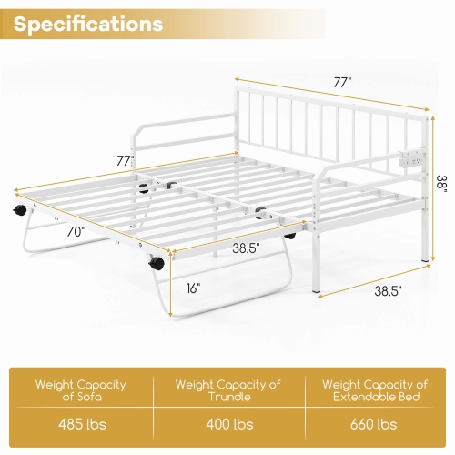 Costway Twin Size Daybed with Pop-up Trundle Charging Station & LED Lights for Living Room