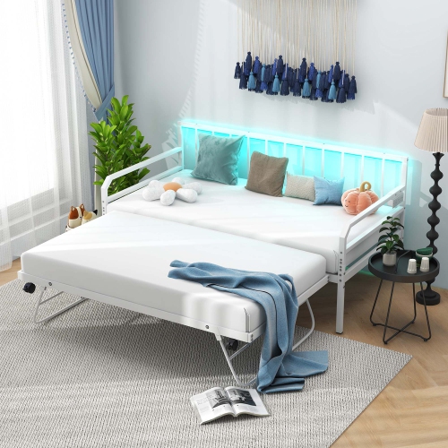 Costway Twin Size Daybed with Pop-up Trundle Charging Station & LED Lights for Living Room