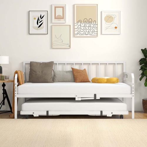 Costway Twin Size Daybed with Pop-up Trundle Charging Station & LED Lights for Living Room