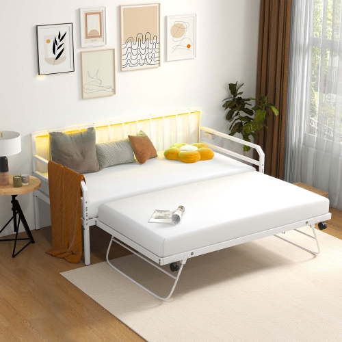 Costway Twin Size Daybed with Pop-up Trundle Charging Station & LED Lights for Living Room
