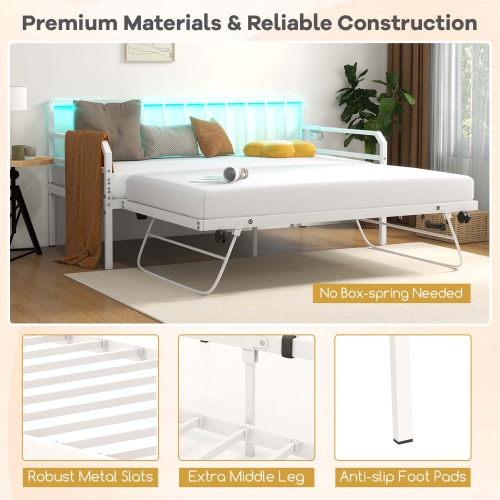 Costway Twin Size Daybed with Pop-up Trundle Charging Station & LED Lights for Living Room