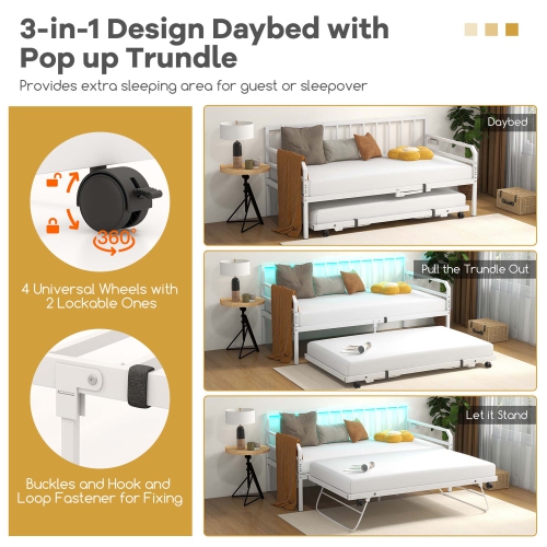Costway Twin Size Daybed with Pop-up Trundle Charging Station & LED Lights for Living Room