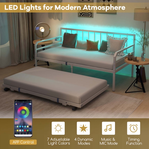 Costway Twin Size Daybed with Pop-up Trundle Charging Station & LED Lights for Living Room