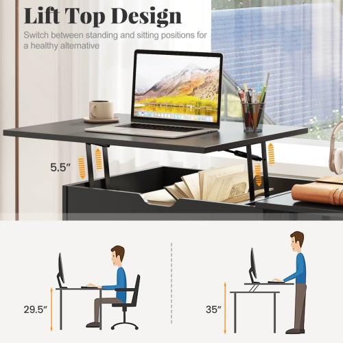Costway Lift Top Computer Desk Standing Desk with Hidden Compartments & Storage Shelves