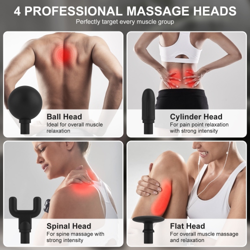 Massage Gun with U-Shaped Extension Handle, with 4 Heads, 6 Speed Levels, and Touchable LED Screen for Full Body Muscle Relief and Recovery