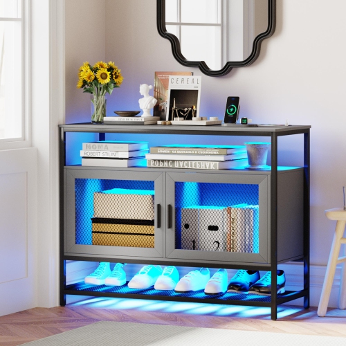 Vlsrka Sideboard Buffet Cabinet with Charging Station, Auto-Sensor 20 Color Lights Console Table with Storage,Touch Control Console Coffee Bar Table