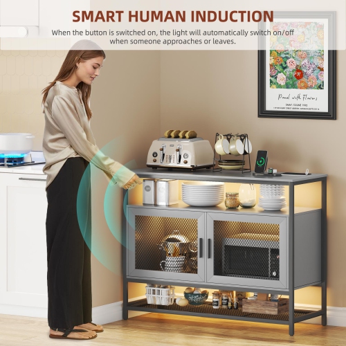 Vlsrka Sideboard Buffet Cabinet with Charging Station, Auto-Sensor 20 Color Lights Console Table with Storage,Touch Control Console Coffee Bar Table