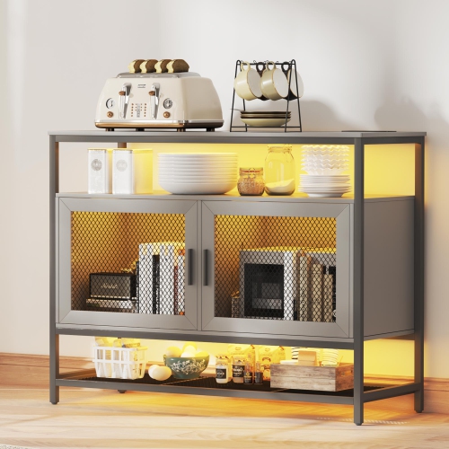 Vlsrka Sideboard Buffet Cabinet with Charging Station, Auto-Sensor 20 Color Lights Console Table with Storage,Touch Control Console Coffee Bar Table