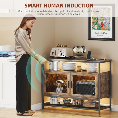 Vlsrka Sideboard Buffet Cabinet with Charging Station, Auto-Sensor 20 Color Lights Console Table with Storage,Touch Control Console Coffee Bar Table