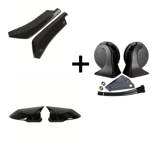 Universal Car Modified Rear Bumper Canard Diffuser, 12V Dual-Tone Electric Snail Horn Kit, Gloss Black Rearview Mirror Cap Cover for Enhanced Style