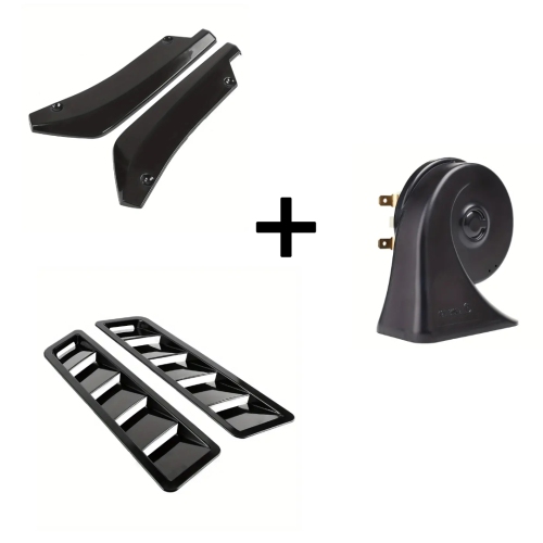 Universal Car Rear Bumper Diffuser, 12V Loud Snail Horn Kit, 2pcs Hood Intake Louver Vents