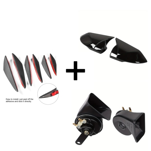 6pcs PVC Carbon Fiber Car Bumper Canard Splitter, 12V Loud Double Train Horn Kit, Gloss Black Rearview Mirror Cap Covers for Enhanced Styling and