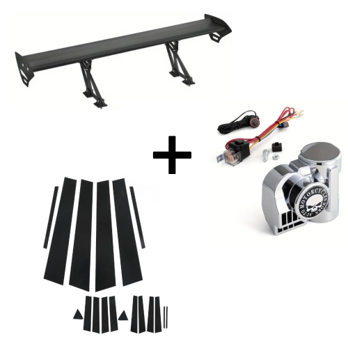 43.3" Adjustable Aluminum Rear Spoiler, 12V Super Loud Air Horn Kit with Compressor, 6pcs Gloss Black Pillar Post Decal Trim for Side Door Windows