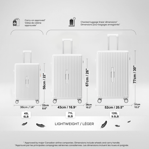 WINGOMART 3-Piece Luggage Set Lightweight Durable PC+ABS Hardshell, Double Spinner Wheels, TSA Lock - 22in/26IN/30in - WHITE